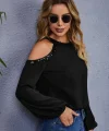 Kadın Uzun Kollu Bisiklet Yaka Omuz Açık Detaylı Krep Bluz
