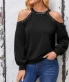Kadın Uzun Kollu Bisiklet Yaka Omuz Açık Detaylı Krep Bluz