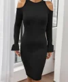 Kadın Uzun Kollu Bisiklet Yaka Omuz Açık Kol Ağzı Fırfır Detay Dalgıç Midi Boy Elbise