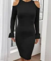 Kadın Uzun Kollu Bisiklet Yaka Omuz Açık Kol Ağzı Fırfır Detay Dalgıç Midi Boy Elbise