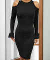 Kadın Uzun Kollu Bisiklet Yaka Omuz Açık Kol Ağzı Fırfır Detay Dalgıç Midi Boy Elbise