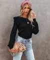 Kadın Uzun Kollu Bisiklet Yaka Omuzları Fırfırlı Triko Bluz