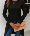 Kadın Uzun Kollu Bisiklet Yaka önden çapraz Kesim Detay Midi Viskon Bluz