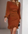 Kadın Uzun Kollu Bisiklet Yaka önden Volanlı Ithal Krep Elbise