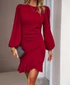 Kadın Uzun Kollu Bisiklet Yaka önden Volanlı Ithal Krep Elbise