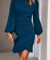 Kadın Uzun Kollu Bisiklet Yaka önden Volanlı Ithal Krep Elbise