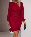 Kadın Uzun Kollu Bisiklet Yaka önden Volanlı Ithal Krep Elbise
