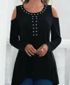 Kadın Uzun Kollu Bisiklet Yaka önü Taşlı Omuzu Açık Etek Ucu Asimetrik Kesim Viskon Bluz