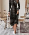Kadın Uzun Kollu Bisiklet Yaka Puantiyeli örme Krep Midi Elbise