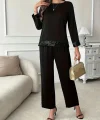 Kadın Uzun Kollu Bisiklet Yaka Pulpayetli Viskon Iki Iplik Bluz Ve Pantolon Ikili Takım