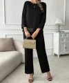 Kadın Uzun Kollu Bisiklet Yaka Pulpayetli Viskon Iki Iplik Bluz Ve Pantolon Ikili Takım