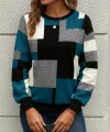 Kadın Uzun Kollu Bisiklet Yaka Renkli Blok Baskı Dalgıç Bluz