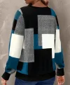 Kadın Uzun Kollu Bisiklet Yaka Renkli Blok Baskı Dalgıç Bluz
