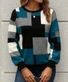 Kadın Uzun Kollu Bisiklet Yaka Renkli Blok Baskı Dalgıç Bluz