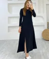 Kadın Uzun Kollu Bisiklet Yaka Size Kadar Yırtmaç Detay Maxi Boy Elbise