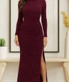 Kadın Uzun Kollu Bisiklet Yaka Taşlı Midi Kadife Elbise