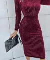 Kadın Uzun Kollu Bisiklet Yaka Taşlı Midi Kadife Elbise
