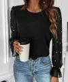 Kadın Uzun Kollu Bisiklet Yaka Tül Detaylı Incili Ithal Krep Bluz