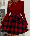 Kadın Uzun Kollu Bisiklet Yaka üst Viskon Alt Ekose Kısa Elbise