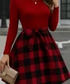 Kadın Uzun Kollu Bisiklet Yaka üst Viskon Alt Ekose Kısa Elbise