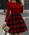 Kadın Uzun Kollu Bisiklet Yaka üst Viskon Alt Ekose Kısa Elbise