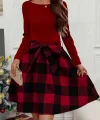 Kadın Uzun Kollu Bisiklet Yaka üst Viskon Alt Ekose Kısa Elbise