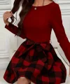 Kadın Uzun Kollu Bisiklet Yaka üst Viskon Alt Ekose Kısa Elbise
