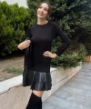 Kadın Uzun Kollu Bisiklet Yaka üst Viskon Etek Ucu Deri Kısa Elbise