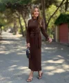 Kadın Uzun Kollu Bisiklet Yaka Yandan Bağlamalı Uzun Modal Elbise