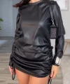 Kadın Uzun Kollu Bisiklet Yaka Yandan Büzgülü Kısa Deri Elbise