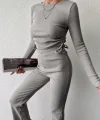 Kadın Uzun Kollu Bisiklet Yaka Yanları Asansör Büzgü Detay Bluz Ve Yüksek Bel Kaşkorse Kumaş Pantolon Ikili Takım
