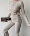 Kadın Uzun Kollu Bisiklet Yaka Yanları Asansör Büzgü Detay Bluz Ve Yüksek Bel Kaşkorse Kumaş Pantolon Ikili Takım