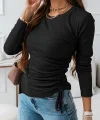 Kadın Uzun Kollu Bisiklet Yaka Yanları Ve Kolları Büzgülü Kadife Bluz