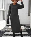 Kadın Uzun Kollu Bisiklet Yaka Yırtmaç Detay Triko Midi Boy Elbise