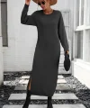 Kadın Uzun Kollu Bisiklet Yaka Yırtmaç Detay Triko Midi Boy Elbise