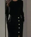 Kadın Uzun Kollu Bisiklet Yakalı Yandan Yırtmaçlı Düğmeli Midi Ithal Krep Elbise