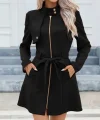 Kadın Uzun Kollu Boyundan Düğmeli Fermuarlı Beli Kuşaklı Süet Ceket
