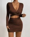 Kadın Uzun Kollu çapraz Dekolte Detaylı Mini Sandy Elbise