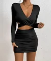 Kadın Uzun Kollu çapraz Dekolte Detaylı Mini Sandy Elbise