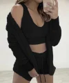 Kadın Uzun Kollu Ceket, Askılı Peluş Bluz Ve şort üçlü Takım