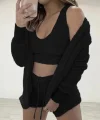 Kadın Uzun Kollu Ceket, Askılı Peluş Bluz Ve şort üçlü Takım