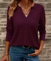 Kadın Uzun Kollu Cepli V Yakalı Viskon Iki Iplik Mürdüm Bluz