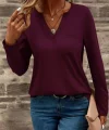 Kadın Uzun Kollu Cepli V Yakalı Viskon Iki Iplik Mürdüm Bluz