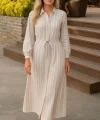 Kadın Uzun Kollu çizgi Detay Uzun Gömlek Elbise