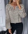 Kadın Uzun Kollu Damla Detaylı Yaka Desenli Süprem Bluz