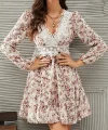 Kadın Uzun Kollu Dantel V Yakalı Mini Desenli Süprem Elbise
