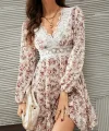 Kadın Uzun Kollu Dantel V Yakalı Mini Desenli Süprem Elbise