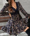 Kadın Uzun Kollu Dantel V Yakalı Mini Desenli Süprem Elbise