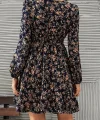 Kadın Uzun Kollu Dantel V Yakalı Mini Desenli Süprem Elbise