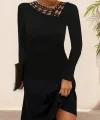 Kadın Uzun Kollu Dantel Yaka Ithal Krep Mini Elbise